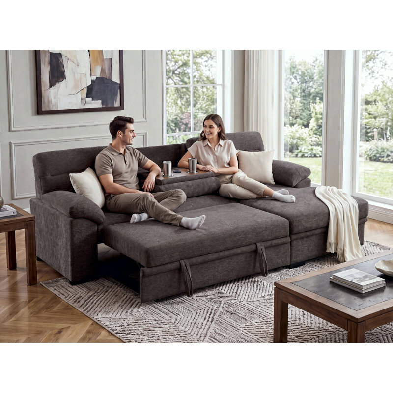 Canapé d'angle convertible 239 cm (L) avec méridienne de rangement, 161 cm (L) x 239 cm (P) x 93 cm (H), chenille, 2 pièces, forme en L, marron, lit gigogne, ports USB et porte-gobelets