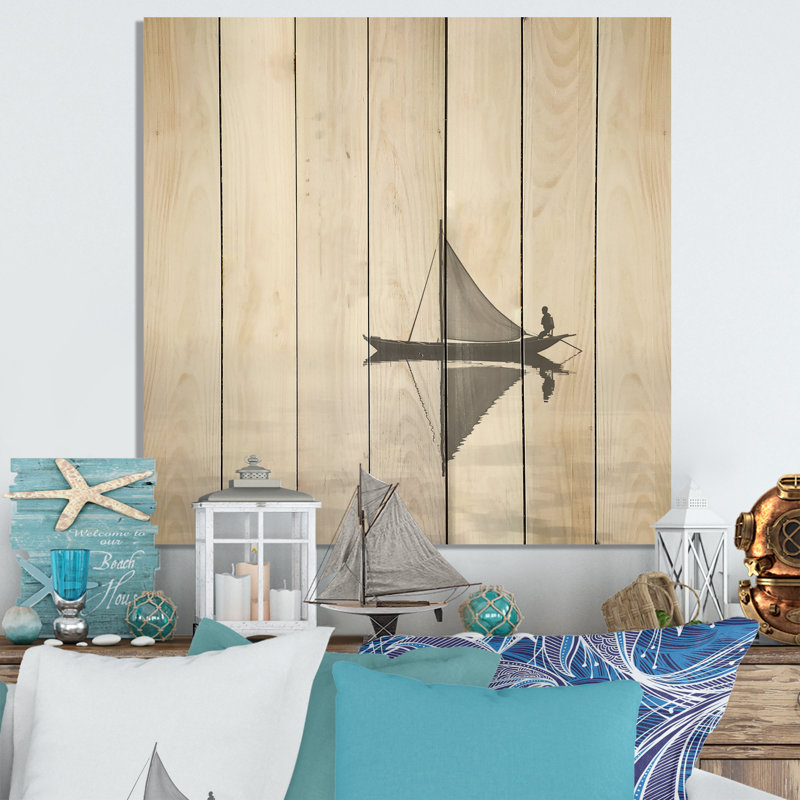 Black And White Sailing Boat Horizon - Coastal Boat On Wood Print, 15" H x 15" W
