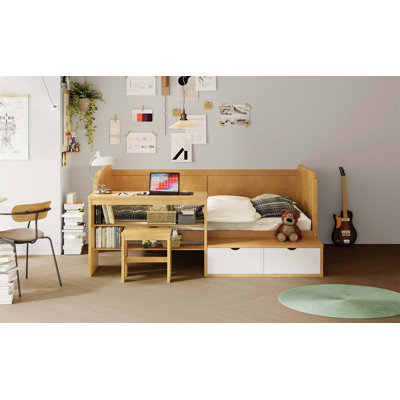 Lit de jour simple en bois avec couchette escamotable, tiroirs de rangement et bureau d'étude pour un espace intelligent.