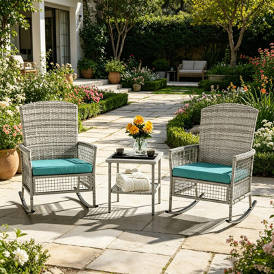 Outdoor Rattan Wicker Rocking Chair,Patio Conversation Furniture Bistro Sets With Side Table And Cushions For Porch Garden And Balcony,3 Pieces,Blue