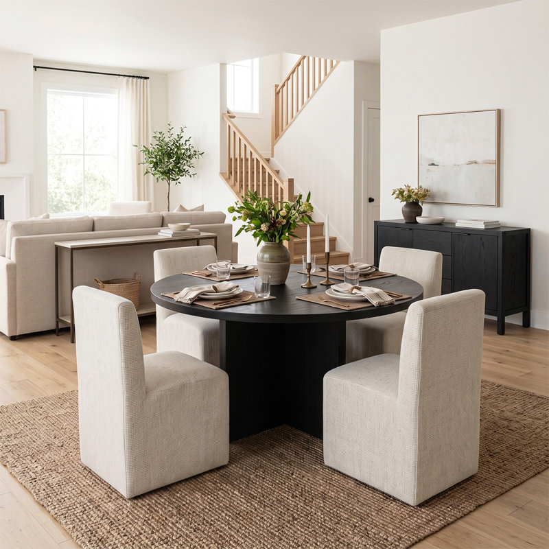 Ensemble de table de salle à manger ronde de 52 pouces en placage de bois avec pieds et chaises rembourrés, Beige
