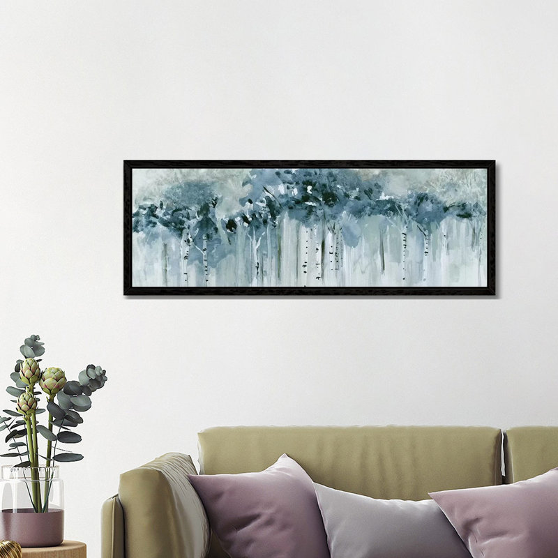 Blue Birch Morning by Susan Jill - Panoramic Painting on Canvas, 121.92 cm H x 40.64 cm W, Black Framed
