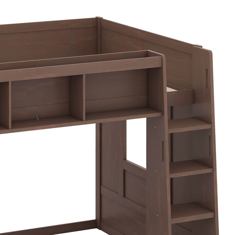 Grand lit mezzanine en bois avec armoires et tablettes, conception moderne peu encombrante, Marron