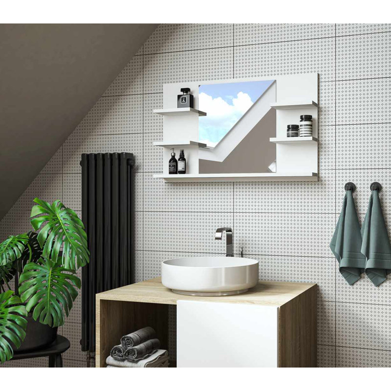 Jakiah Rectangle Wall Mirror with Shelves, White