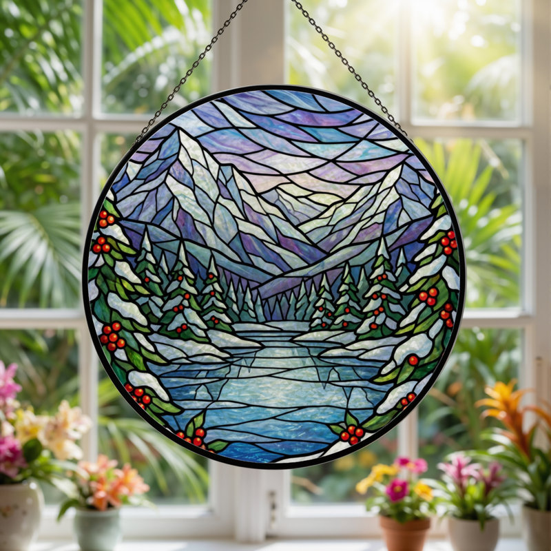 7.8"H Winter Landscape Stained Glass Window Panel, 7.8" H x 7.8" W