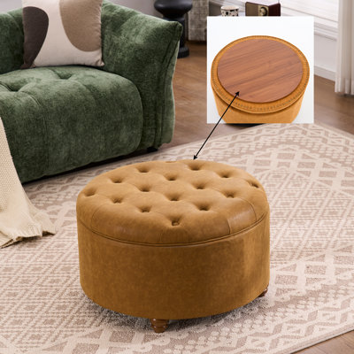 28" Round Storage Ottoman with Tray, Tufted Circle Storage Coffee Table, Upholstered Large Foot Stool with Removable Top for Living Room