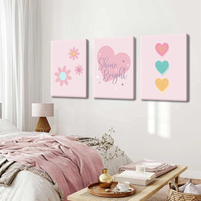 Framed Pink Canvas Wall Art Set Of 3, Cute Cartoon Pictures Wall Decor, Warm Teen Girls Posters Print Paintings, For Kids Room Girls Dormitory Nursery Decoration 16X24 Inch