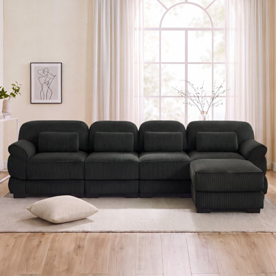 Oversize L-Shaped Modular Sectional Sofa, 4-Seater Sofa with Ottoman, Corduroy Fabric, for Living Room Bedroom Apartment