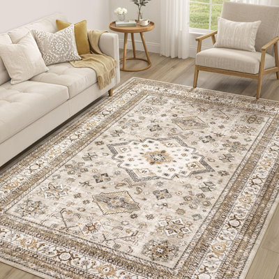 Tapis de salon vintage rétro 5 X 7 - Grand tapis de ferme oriental traditionnel délavé doux pour la chambre à coucher - Tapis décoratif de plancher pour la décoration de bureau à domicile - Beige