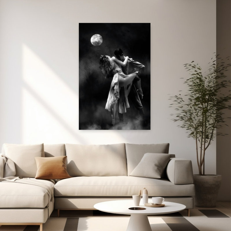 Impression d'art mural classique et élégante représentant une danse au clair de lune dans un paysage naturel dramatique.
