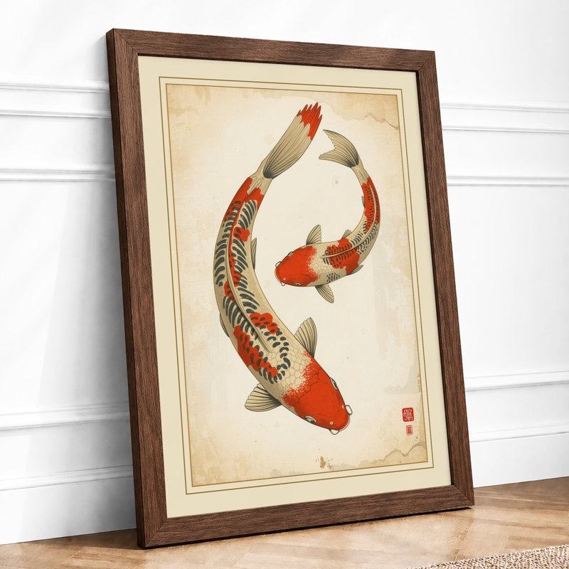 Twin Koi Dance Japandi - Framed Print, A1 - 84.1 x 59.4 cm, Walnut