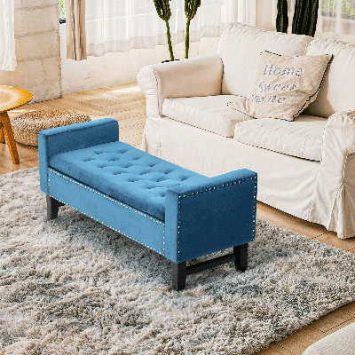 Arguello Velvet Storage Bench, Upholstered Tufted Ottoman with Wooden Legs, End of Bed Foot Stool