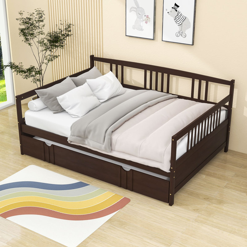 Jaye Wooden Daybed with Twin Size Trundle, Espresso, Full