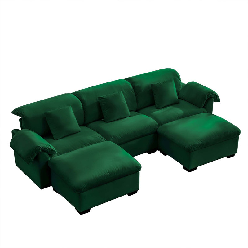 Canapé modulaire en velours avec rangement caché et 2 repose-pieds Meladee, Vert, H 33,9 po x l 119 po x P 37,6 po