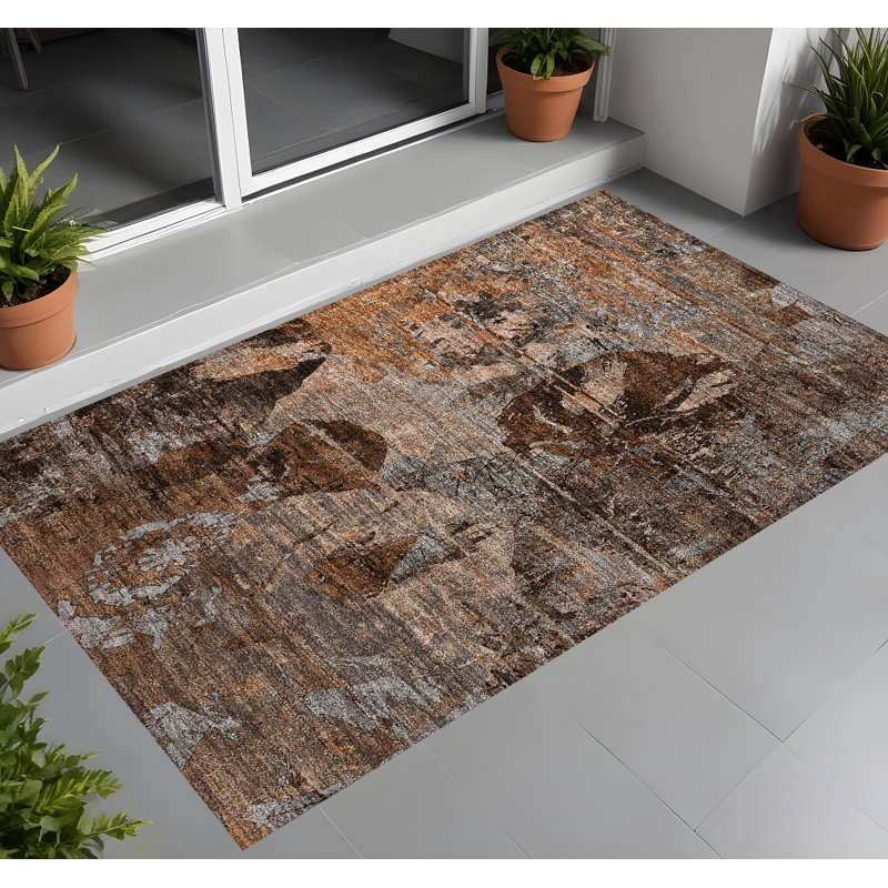 2' X 3' Brown Terracotta and Gray Floral Washable Non Skid Indoor Outdoor Area Rug