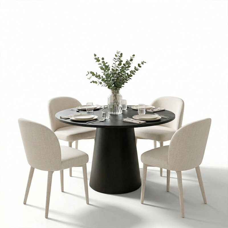 46" Modern Round Dining Table Set With Upholstered Dining Chairs, Pedestal Kitchen Table And Chairs For 4, White