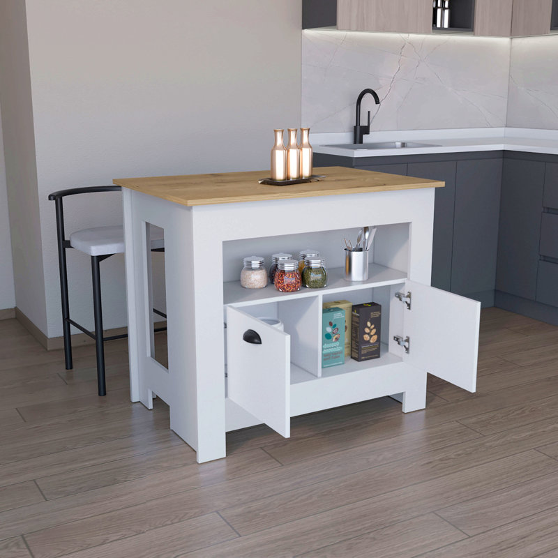 Îlot de cuisine H 35 po, 2 portes, 3 tablettes, Macadamia, Blanc