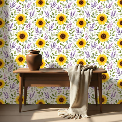 Peel and Stick Wallpaper Contact Paper Watercolor flowers sunflower patterns summer sunflowers paper pack Self Adhesive and Removable 24in x 118in(60x300cm)