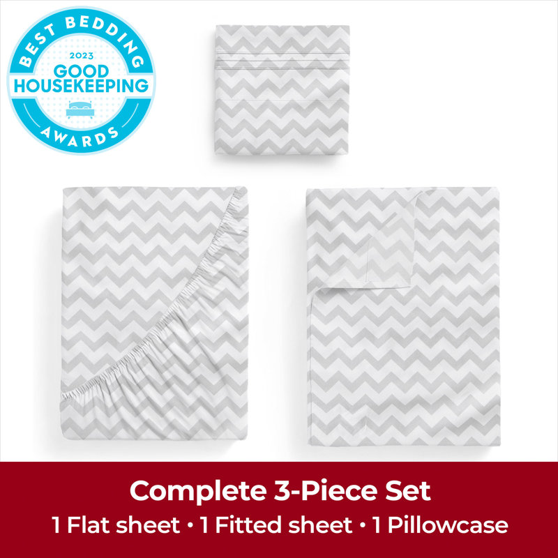 Ensemble de draps Mellanni 1800, Gris chevron, Ensemble de draps pour taille de lit simple TG ave
