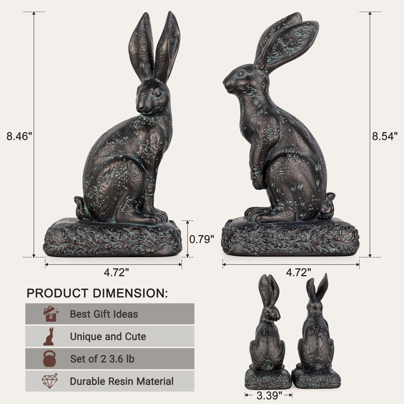 Vintage Rabbit Bookends – Decorative Bunny Figurines For Shelves & Tabletops, Dark Bronze