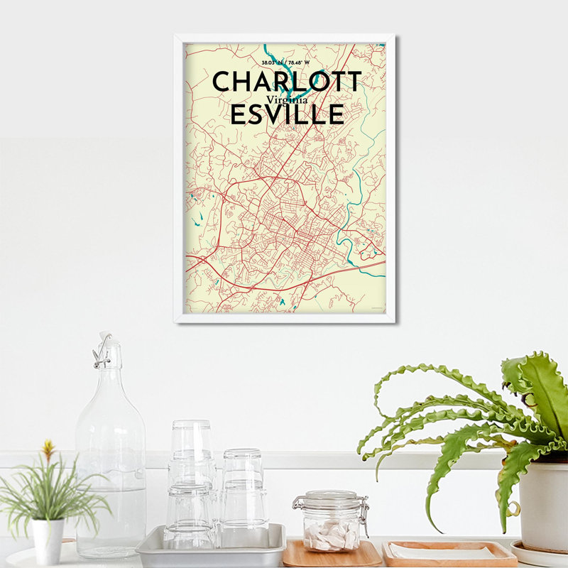 Charlottesville, carte de la ville, impression graphique, H 24 po x l 18 po x P 0,05 po, Vert / beige