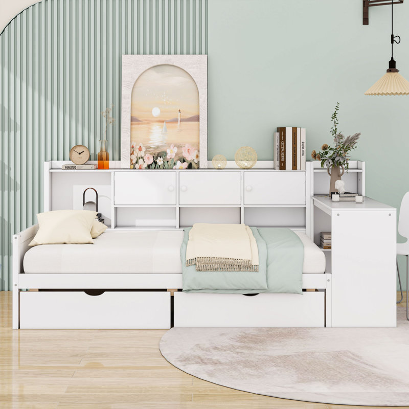 Lit de jour en bois avec armoires, bureau et tiroirs, Lit simple, Blanc