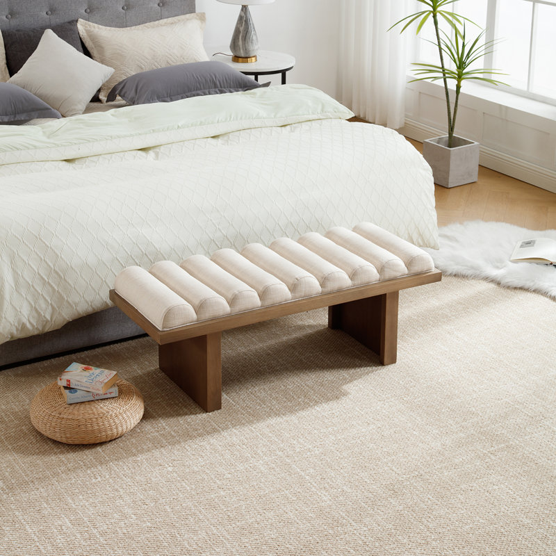 Upholstered Solid Wood Bench, Column Upholstered Bench 45.75'' Wide, Brown, Beige