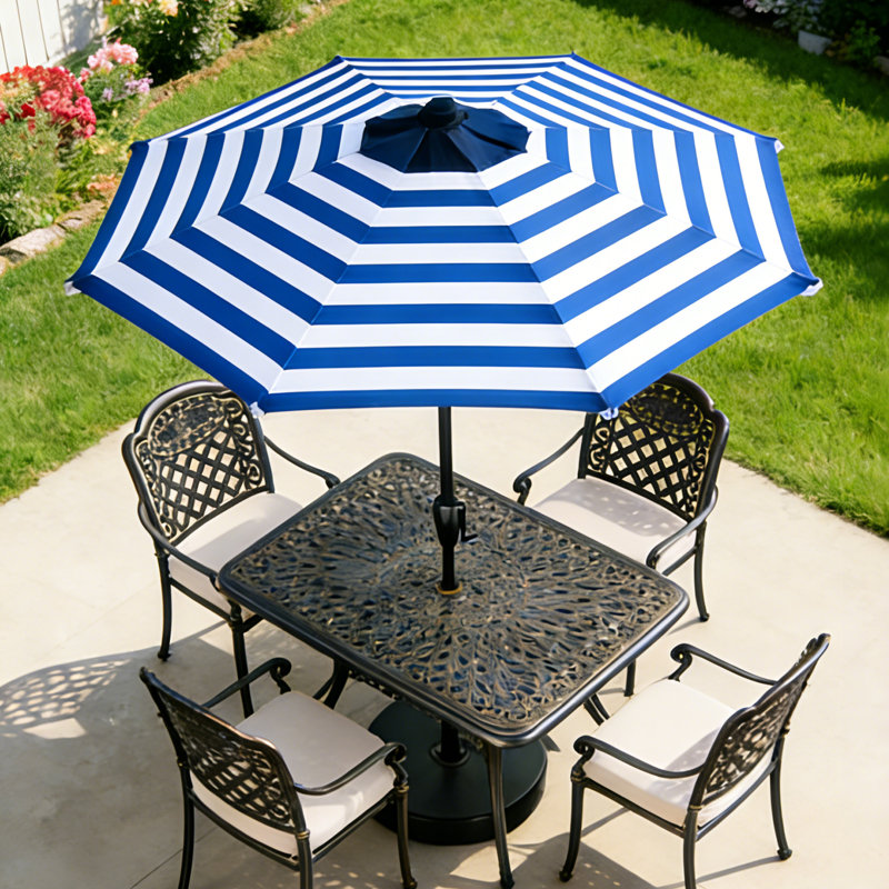 Parasol de marché 9 pi à rayures bleues et blanches, Blanc / bleu