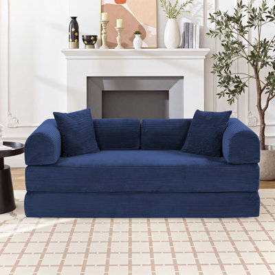 64.5"  Corduroy Sleeper Sofa Boneless Modular Sofa Bed Compression Foam Couch Bed With 2 Pillows and Fixed Frame