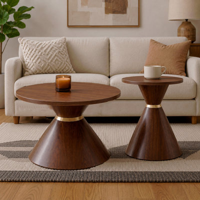 Ensemble de tables basses rondes 2 pièces à la mode, comptoir texturé en noyer avec base en métal stable, table d'appoint facile à nettoyer dans le salon et la chambre à coucher (noyer et noir)