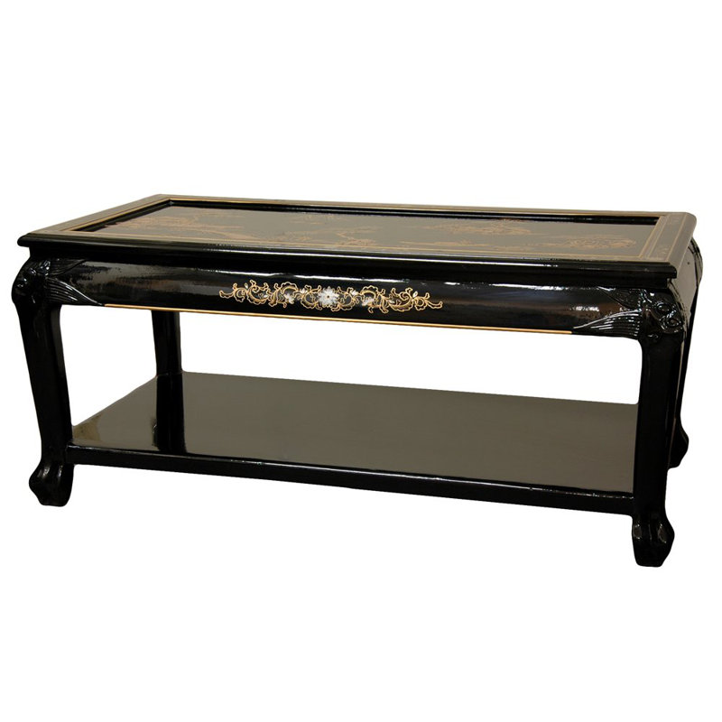 Elegant 40" Black Lacquer Wood Coffee Table with Oriental Landscape