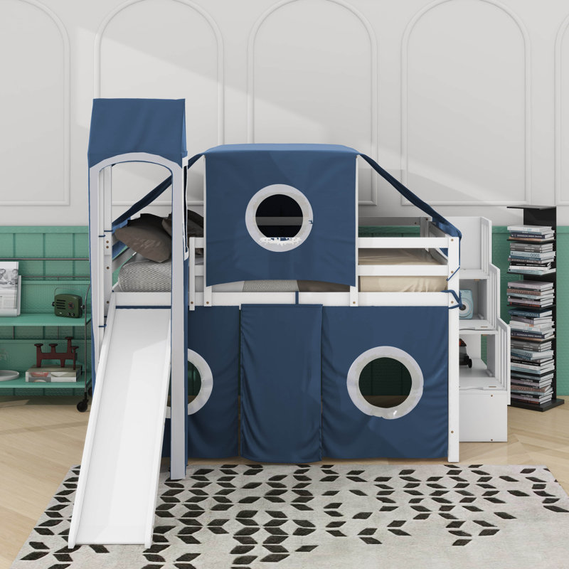 Lit mezzanine double avec tour et tente, Bleu