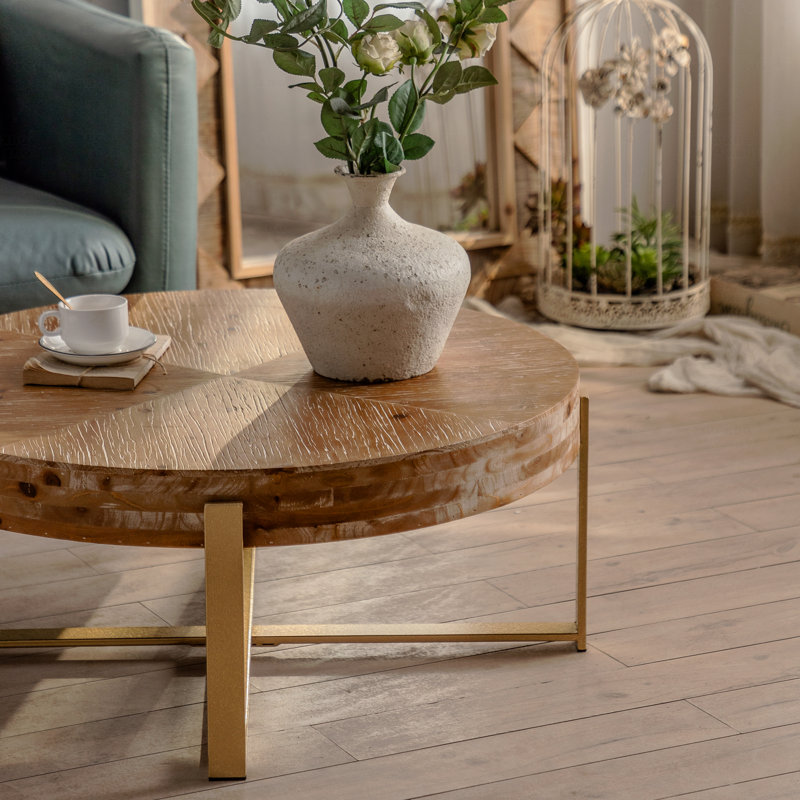 Table basse ronde en bois 31,29 po avec pieds en croix dorée, Doré