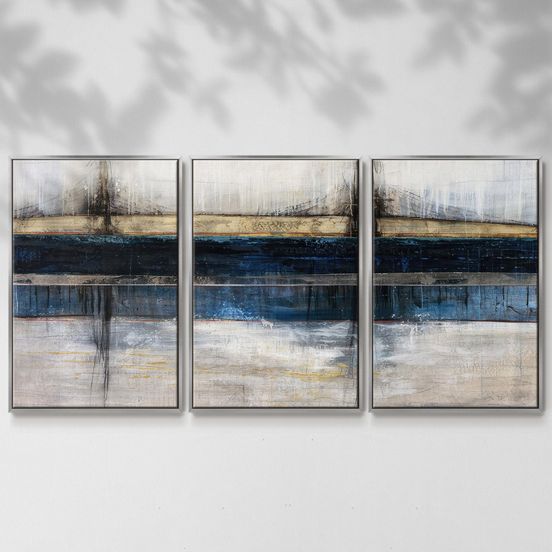 City Blue - Multi Piece Framed Canvas, 36" H x 75" W, Silver Framed