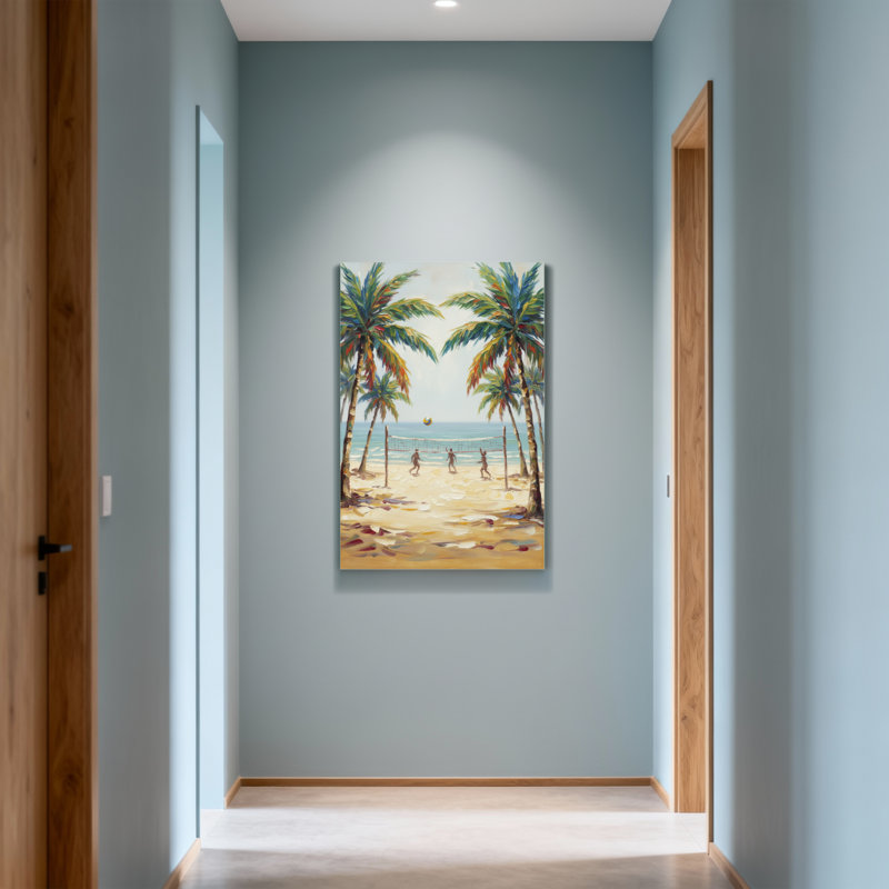 Plantes et fleurs, beach-volley, palmiers, vue sur l'océan, H 36 po x l 24 po