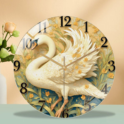 Horloge murale élégante en forme de cygne blanc avec art floral - horloge murale moderne en verre 12 po