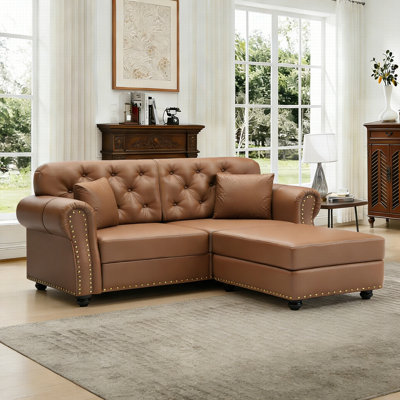 Canapé Chesterfield avec capitonnage à boutons Mid-Century 63 po avec garniture cloutée et 2 repose-pieds