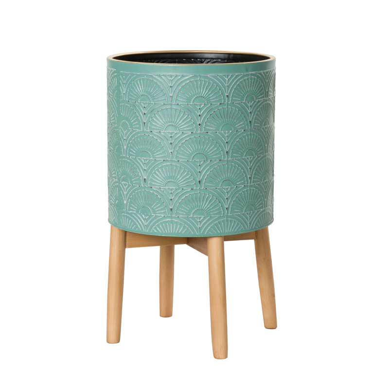 Sadie Glam Indoor Metal Pot Planter 4-Leg Wood Base, 21.5" H x 12" W x 12" D
