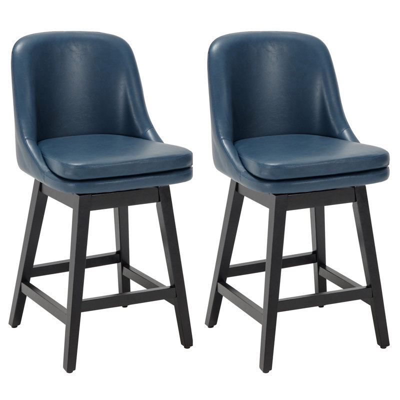 Ensemble de 2 tabourets de bar pivotants de 26 po avec pieds en bois massif, tabourets de bar de style campagne moderne pour îlot de cuisine et comptoir, similicuir bleu marine