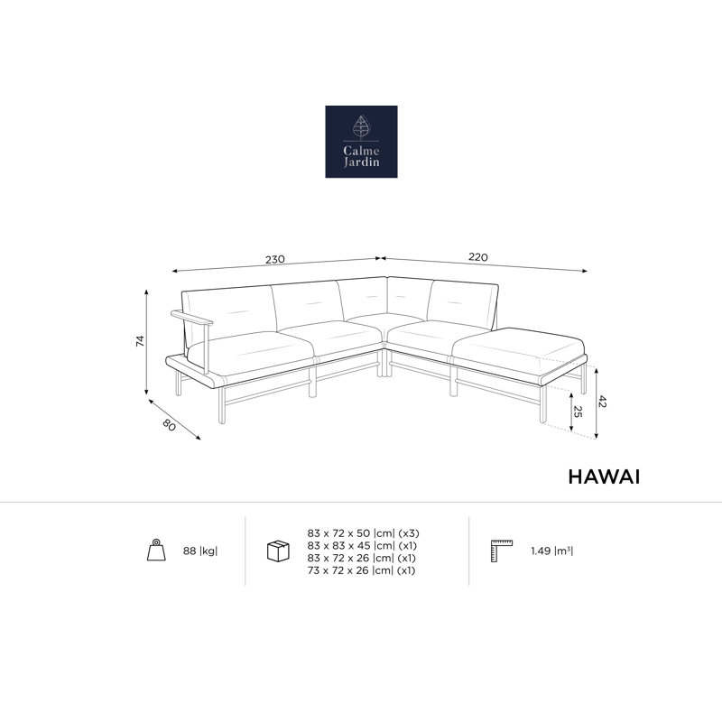 230cm Wide Ash Patio Sectional with Cushions, Dark Blue, Right Hand Facing