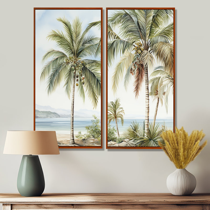 Palmiers sur la plage - décoration murale traditionnelle, H 40 po x l 40 po, Reproduction encadrée sans passe-partout, Brun