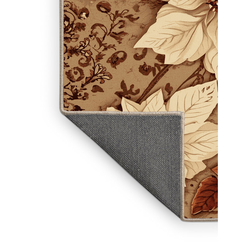 Tapis à poilsettia doux et moelleux à motif floral brun et beige, 5 x 7