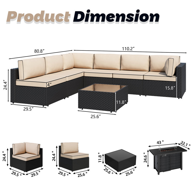 Ensemble de conversation d'extérieur en osier pour 6 personnes avec coussins et foyer Emanie, Noir, Kaki