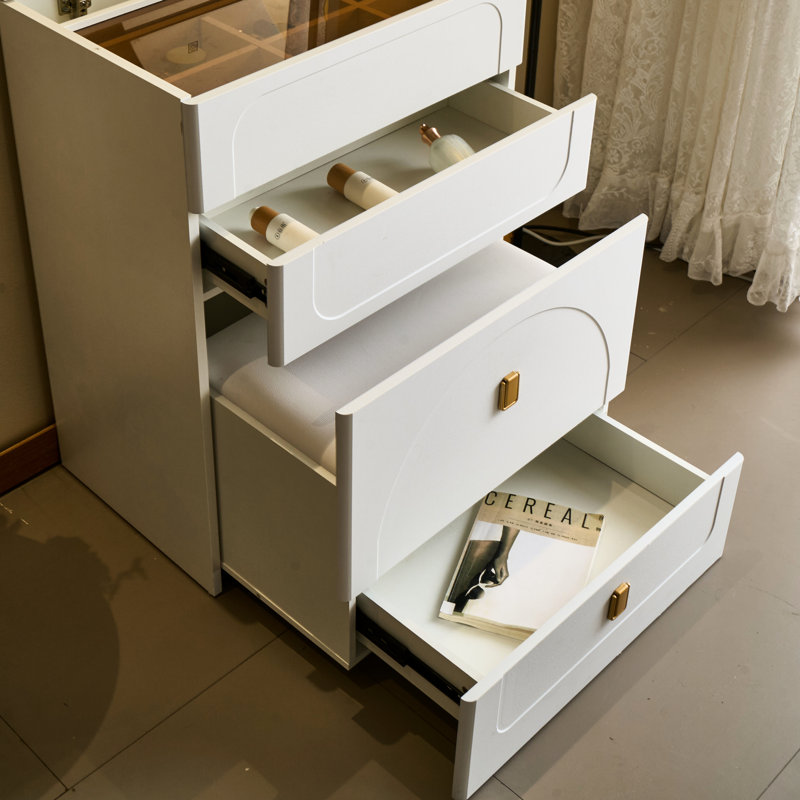 Meuble-lavabo 3 en 1 blanc avec tiroirs, miroir rabattable, tabouret rembourré, éclairage à DEL et grand rangement pour le maquillage de chambre à coucher