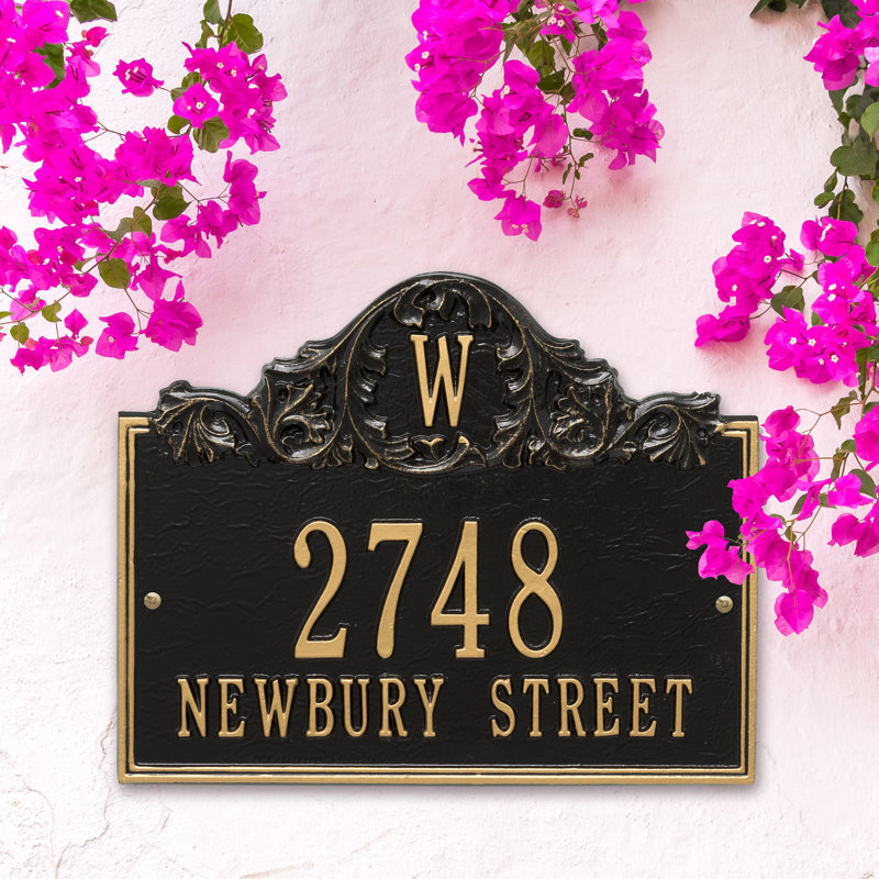 Acanthus Monogram 3-Line Wall Address Plaque, Black and Gold, Yes