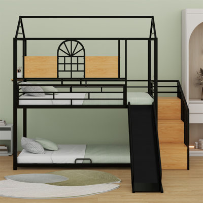 Metal House Bunk Bed With Slide And Storage Stair