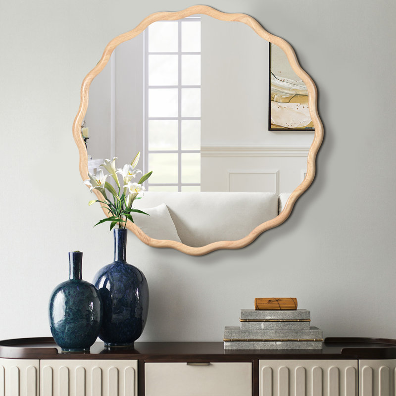 Natural Wood Round Wall Mirror with Wavy Frame, 36 Inch