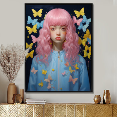 «Pink Hair Lady Blue and Yellow Butterflies», reproduction d'art murale femme papillon