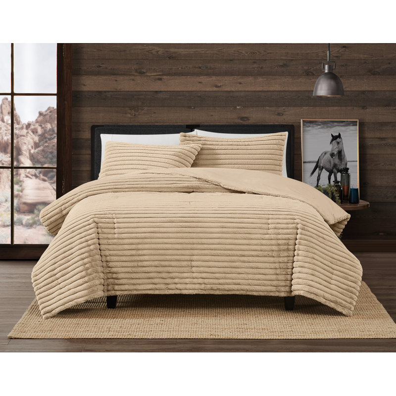 Frye Channel Stitch Velvet Comforter Set, Queen Comforter + 2 Queen Shams, Tan