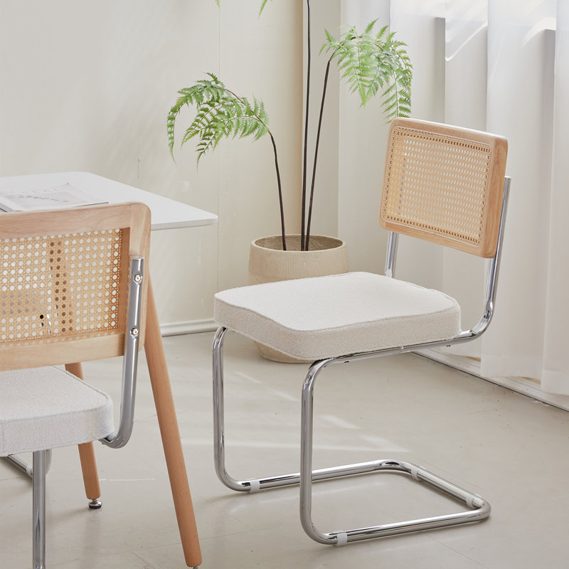 Chairs - Scandinavian Velvet Dining Chair - Rattan Back Chair - Metal Legs, White, 4